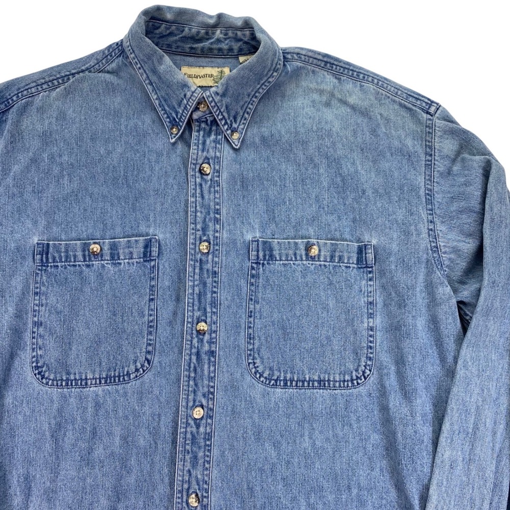 Fieldmaster Vintage Denim Button Down Shirt Mens Large Blue Long Sleeve Workwear